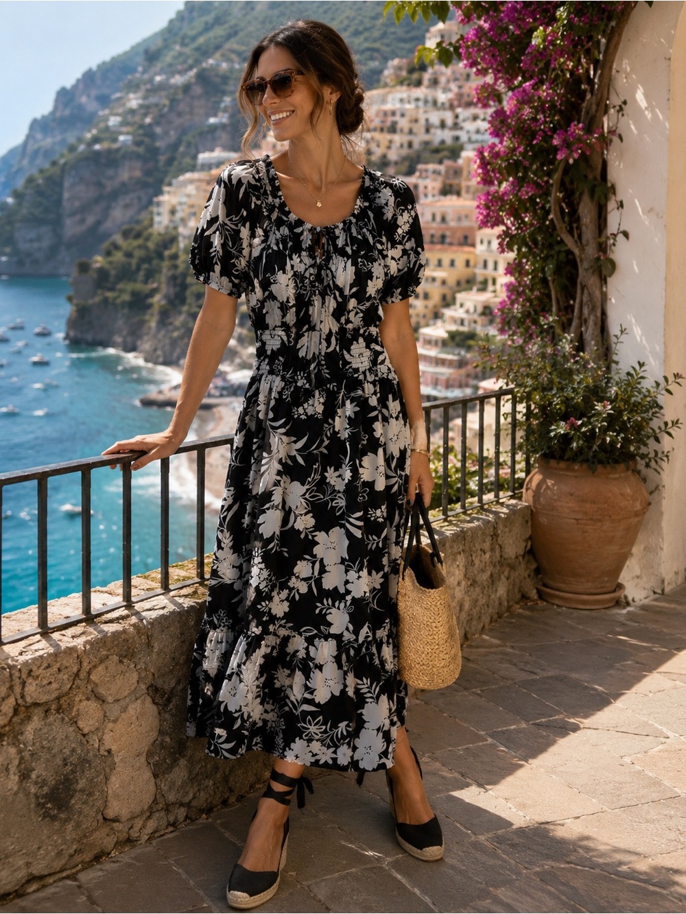 Wish Black & White Floral MidiDress with Puff Sleeves